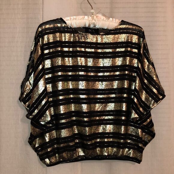 BCX S Batwing Cold Shoulder Crew Neck Metallic Black Gold Horizontal Stripe - Picture 1 of 10